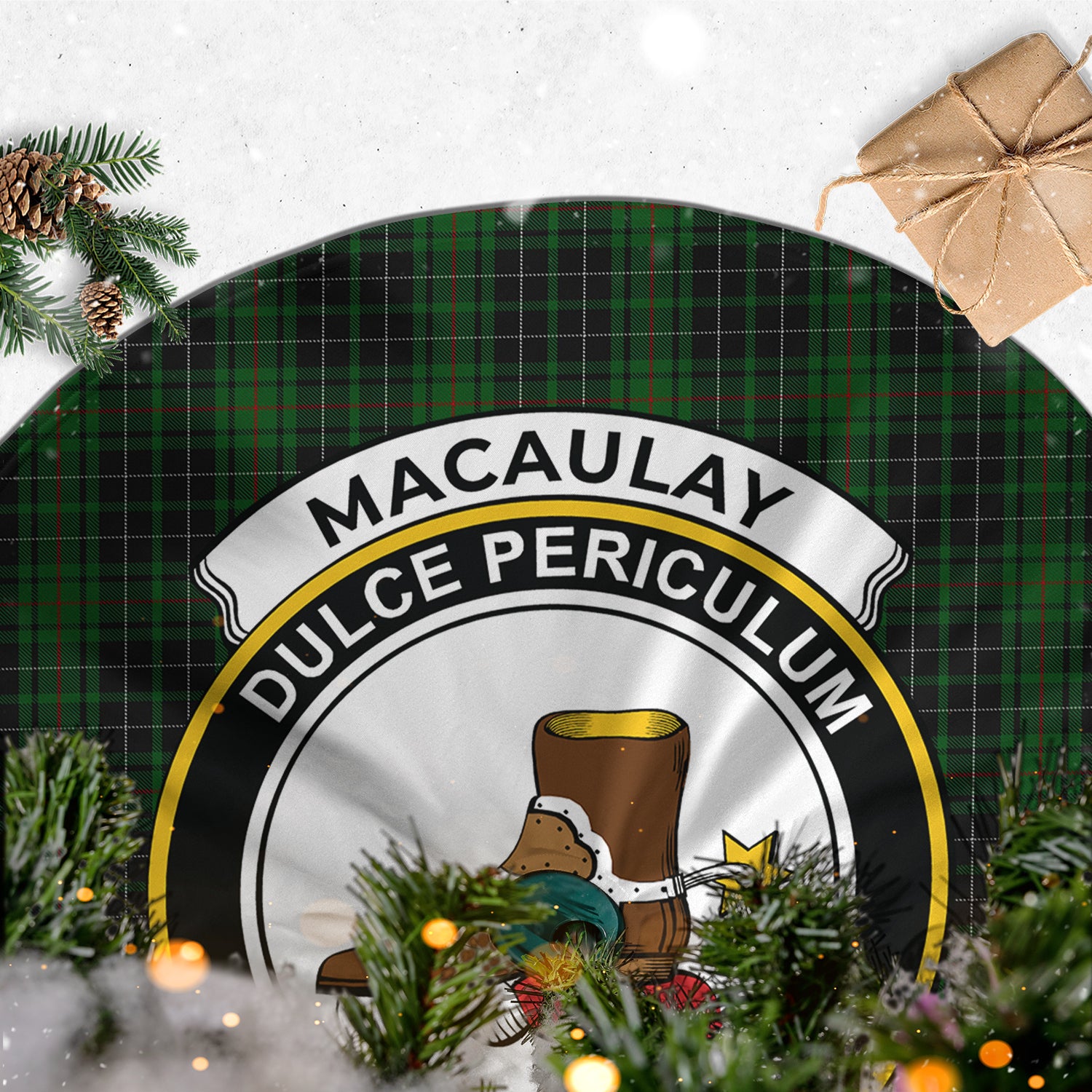 MacAulay Hunting Tartan Christmas Tree Skirt with Family Crest - Tartanvibesclothing