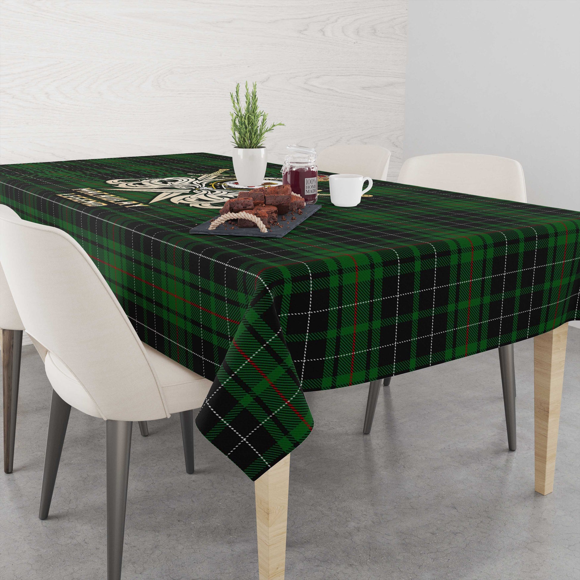 Tartan Vibes Clothing MacAulay Hunting Tartan Tablecloth with Clan Crest and the Golden Sword of Courageous Legacy