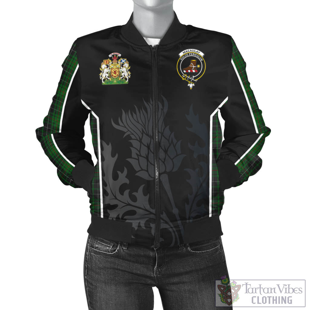 Tartan Vibes Clothing MacAulay Hunting Tartan Bomber Jacket with Family Crest and Scottish Thistle Vibes Sport Style