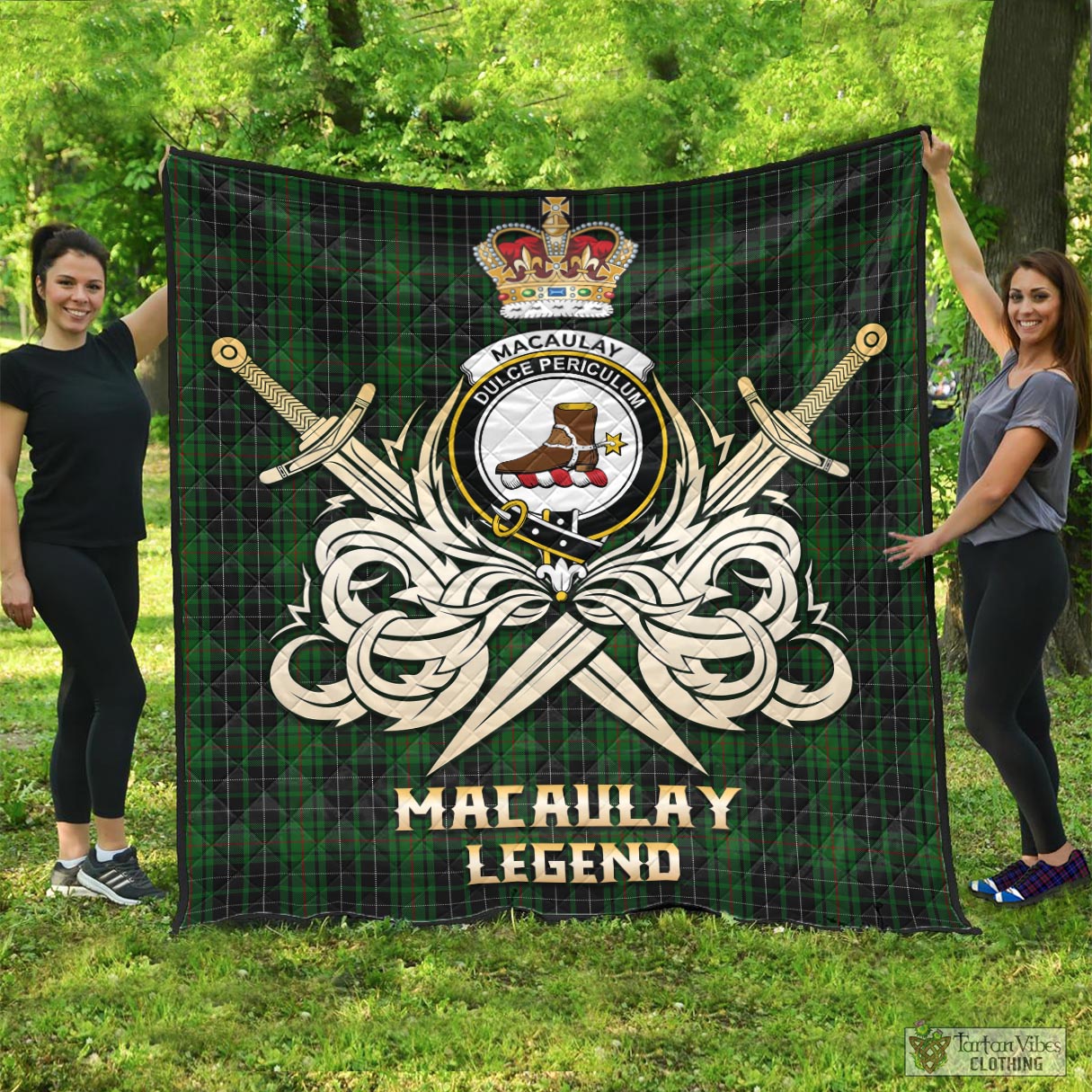 Tartan Vibes Clothing MacAulay Hunting Tartan Quilt with Clan Crest and the Golden Sword of Courageous Legacy