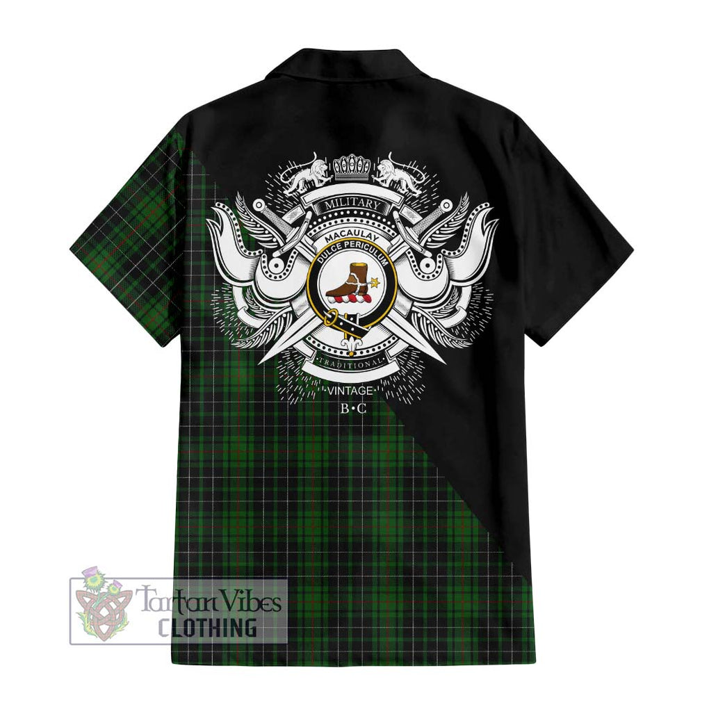 MacAulay Hunting Tartan Short Sleeve Button Shirt with Family Crest and Military Logo Style - Tartanvibesclothing Shop