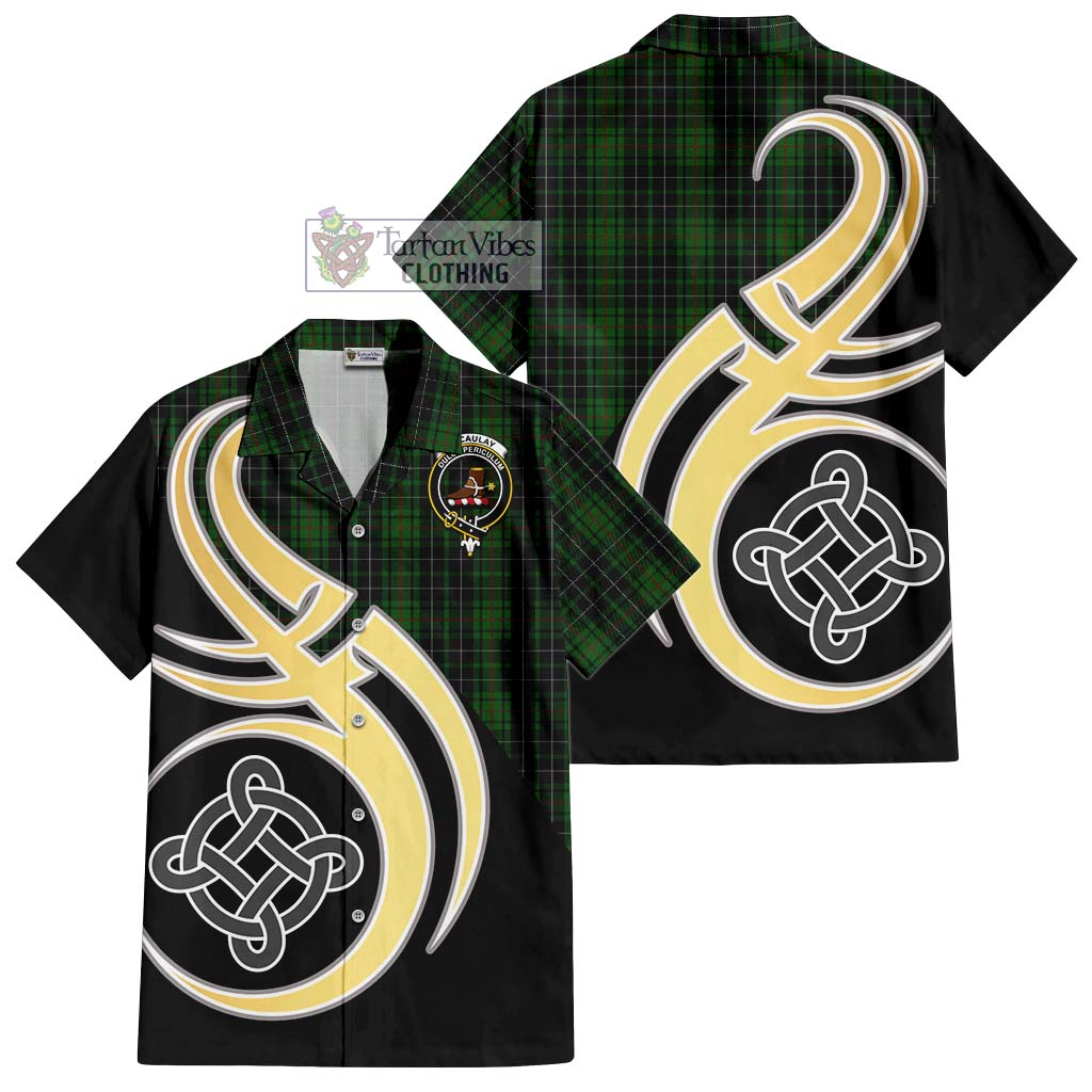 MacAulay Hunting Tartan Short Sleeve Button Shirt with Family Crest and Celtic Symbol Style - Tartan Vibes Clothing