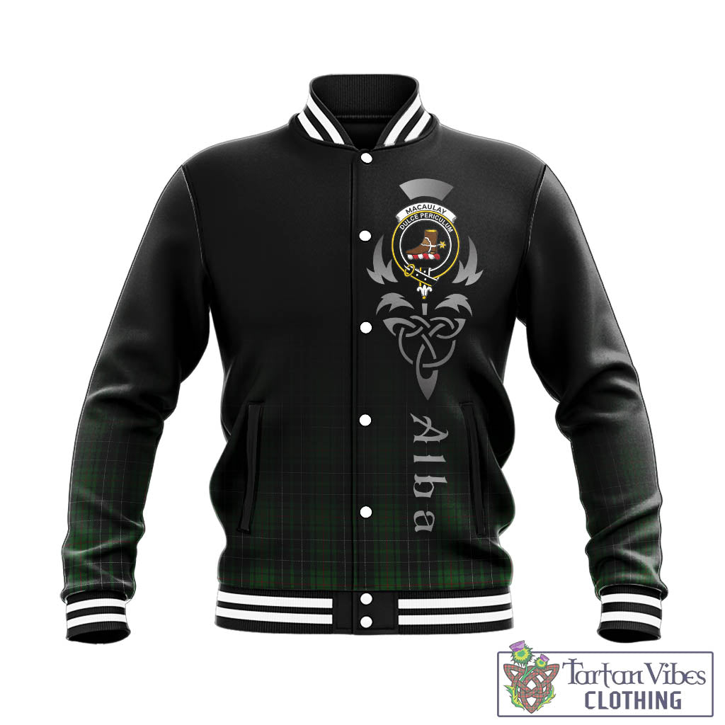 Tartan Vibes Clothing MacAulay Hunting Tartan Baseball Jacket Featuring Alba Gu Brath Family Crest Celtic Inspired