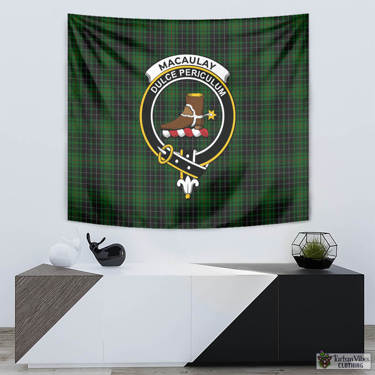 Tartan Vibes Clothing MacAulay Hunting Tartan Tapestry Wall Hanging and Home Decor for Room with Family Crest