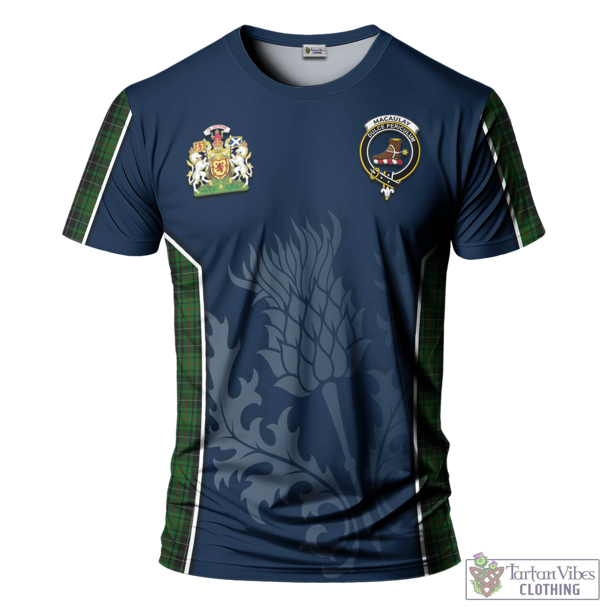 Tartan Vibes Clothing MacAulay Hunting Tartan T-Shirt with Family Crest and Scottish Thistle Vibes Sport Style