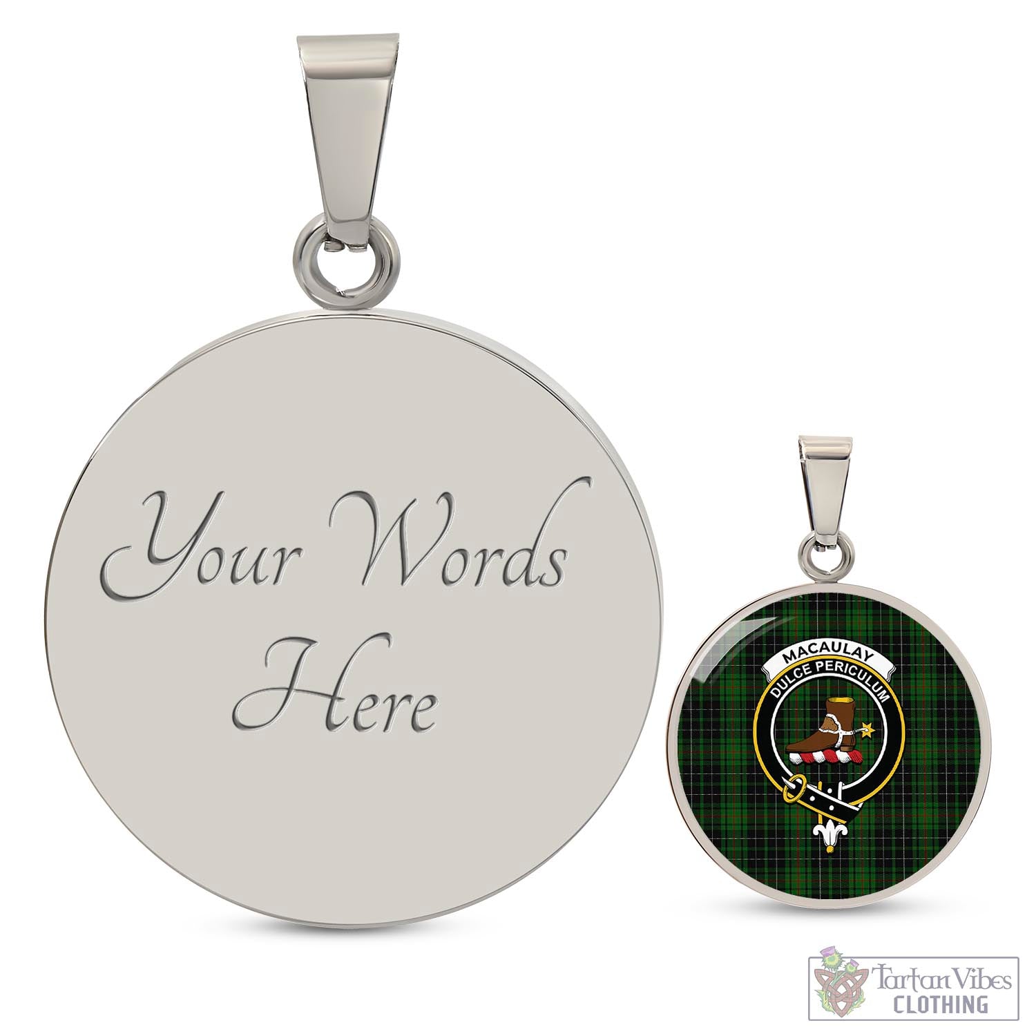 Tartan Vibes Clothing MacAulay Hunting Tartan Circle Necklace with Family Crest