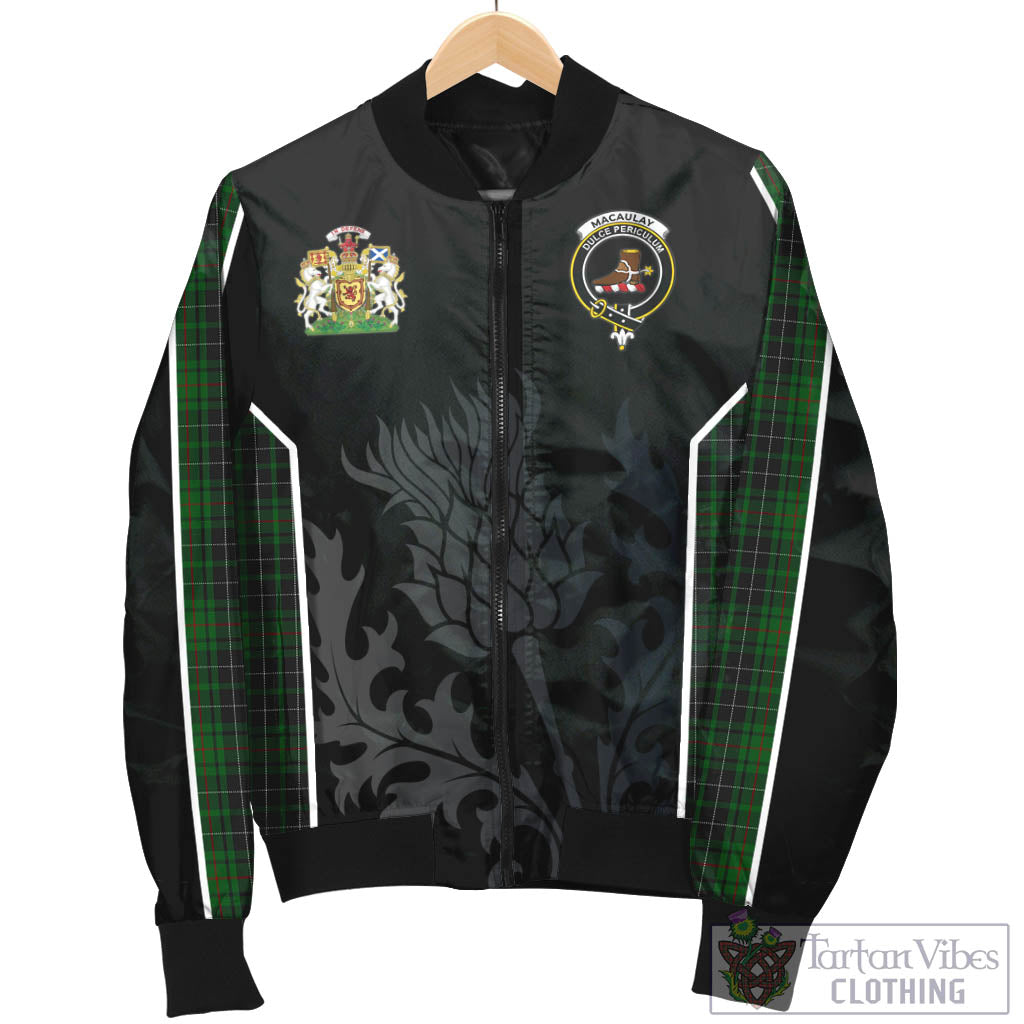 Tartan Vibes Clothing MacAulay Hunting Tartan Bomber Jacket with Family Crest and Scottish Thistle Vibes Sport Style