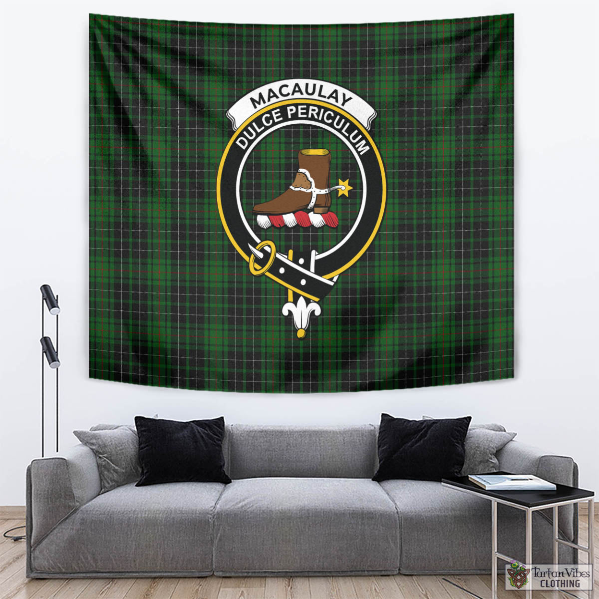 Tartan Vibes Clothing MacAulay Hunting Tartan Tapestry Wall Hanging and Home Decor for Room with Family Crest