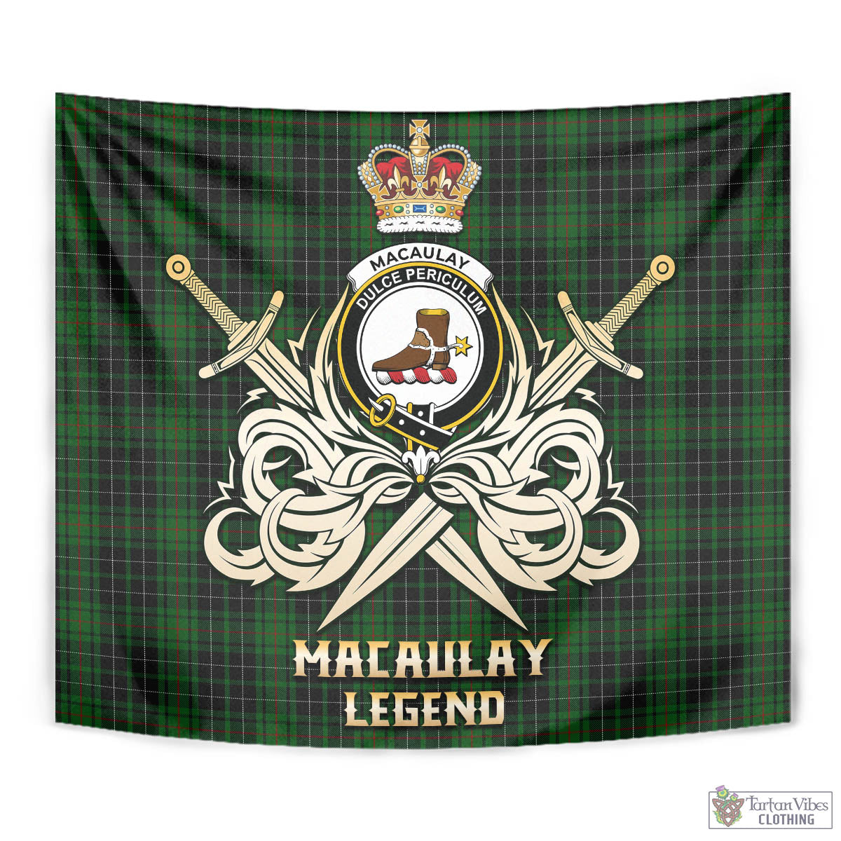 Tartan Vibes Clothing MacAulay Hunting Tartan Tapestry with Clan Crest and the Golden Sword of Courageous Legacy