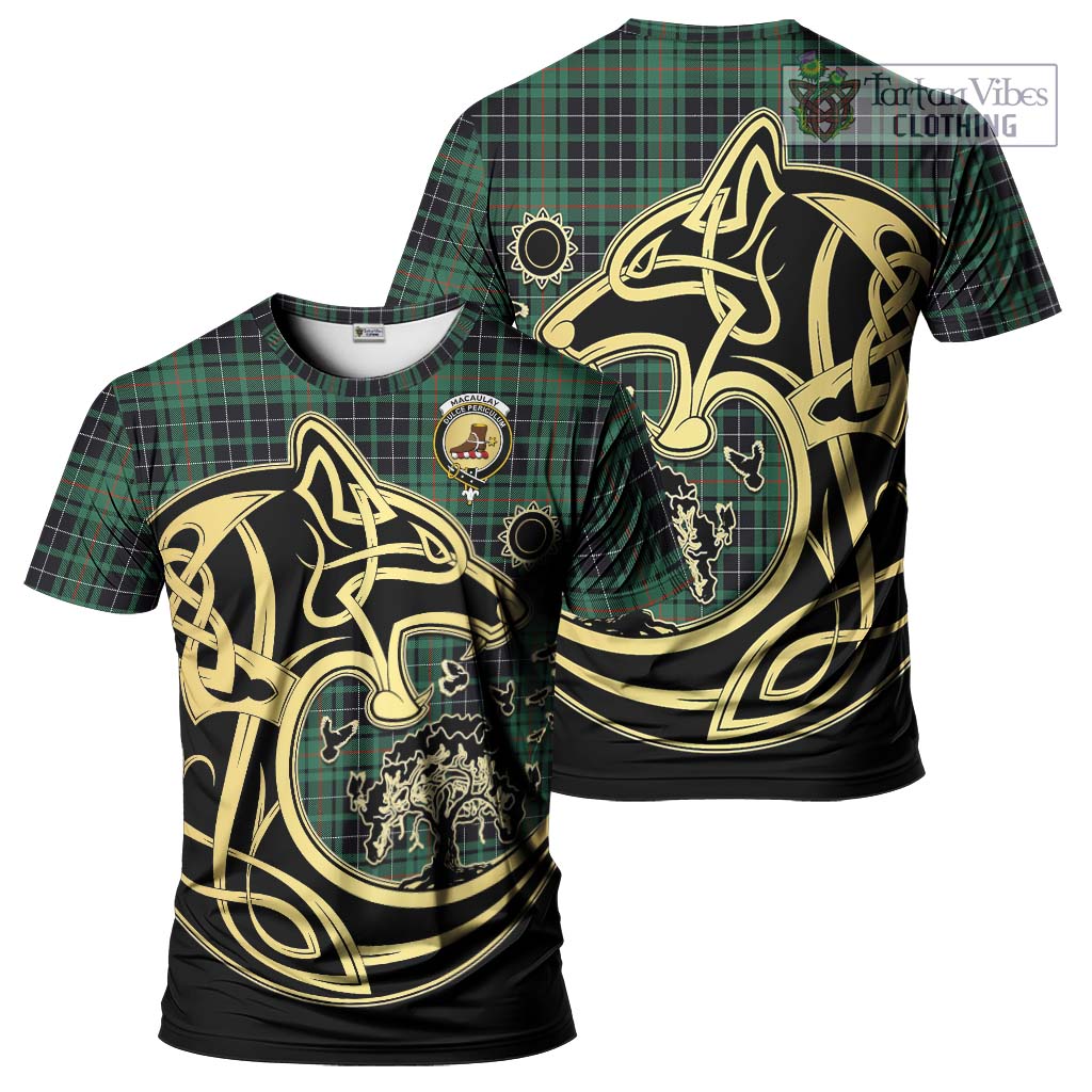 Tartan Vibes Clothing MacAulay Hunting Ancient Tartan T-Shirt with Family Crest Celtic Wolf Style