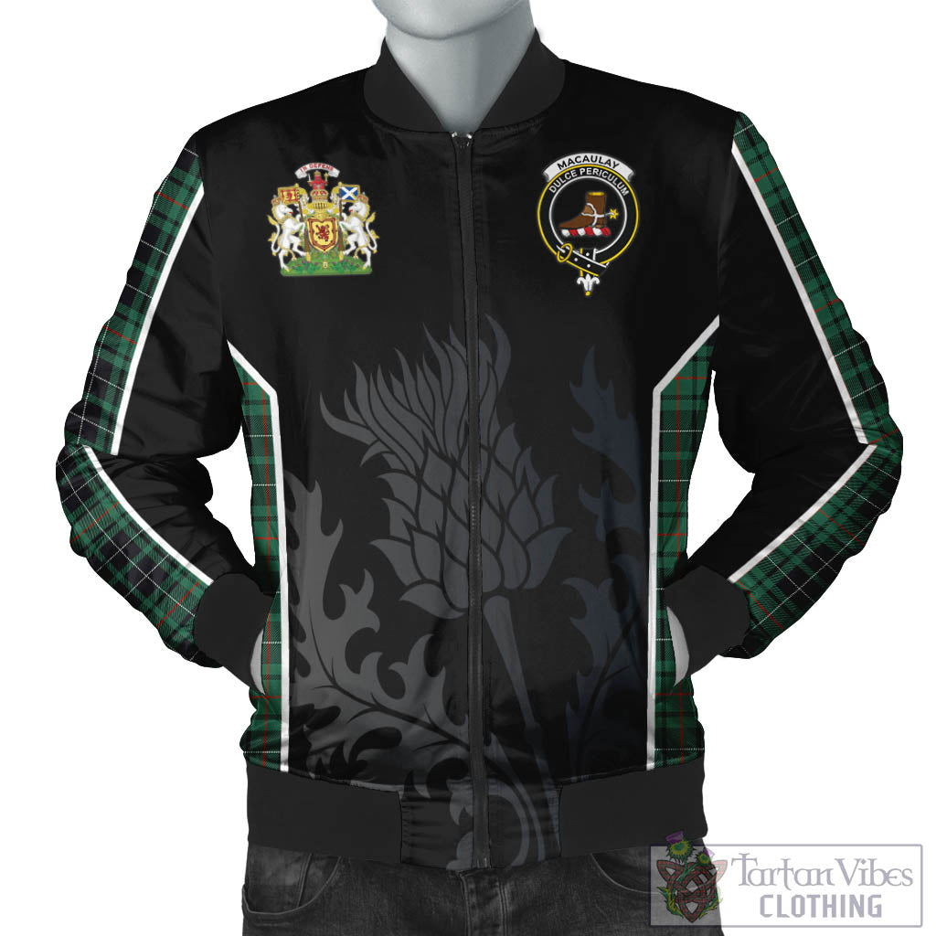 Tartan Vibes Clothing MacAulay Hunting Ancient Tartan Bomber Jacket with Family Crest and Scottish Thistle Vibes Sport Style