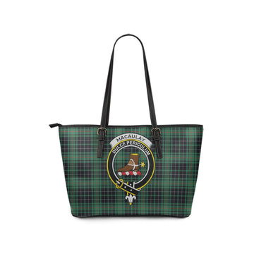 MacAulay Hunting Ancient Tartan Leather Tote Bag with Family Crest