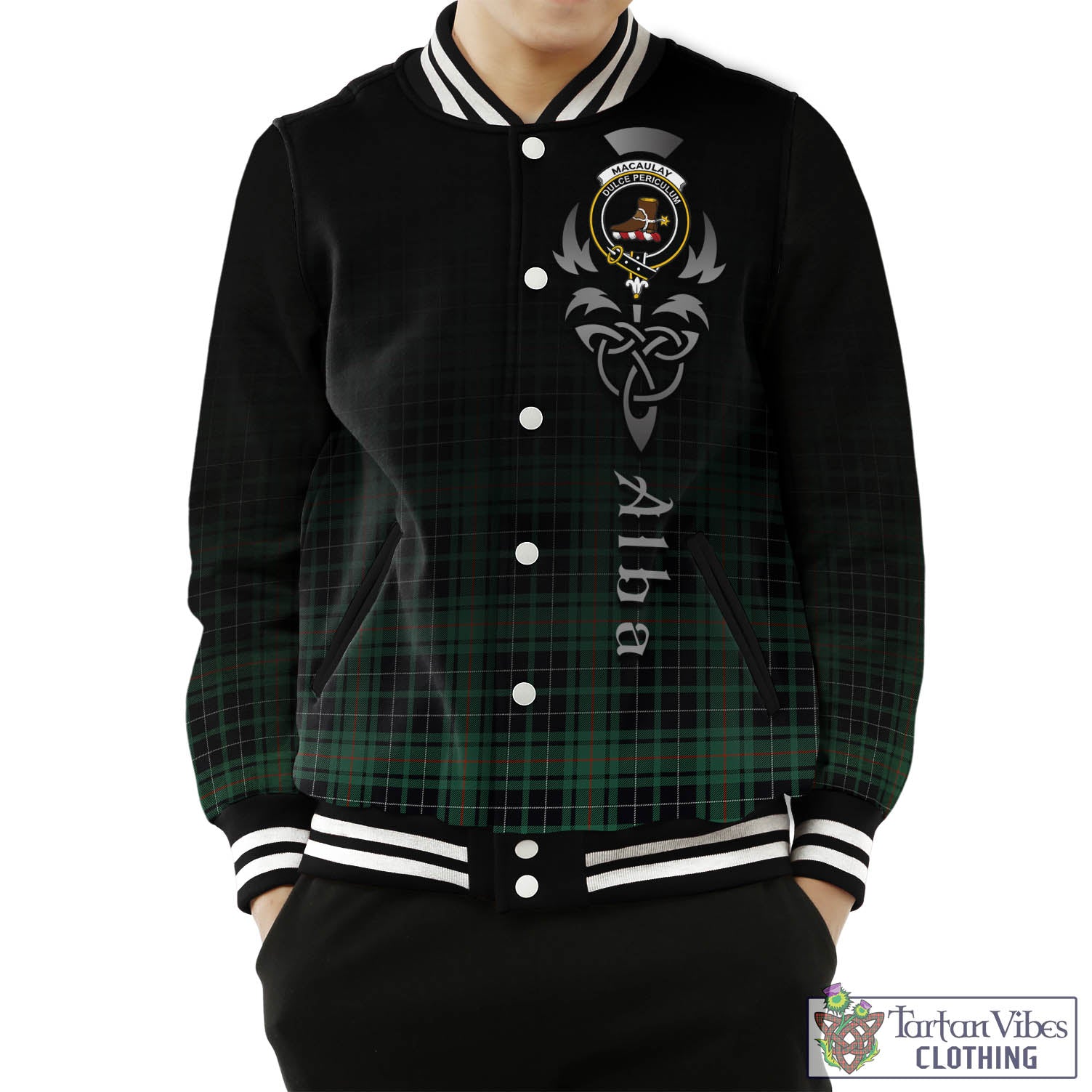 Tartan Vibes Clothing MacAulay Hunting Ancient Tartan Baseball Jacket Featuring Alba Gu Brath Family Crest Celtic Inspired