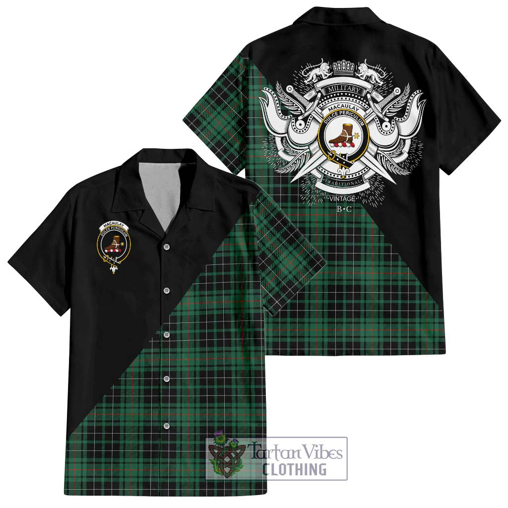 Tartan Vibes Clothing MacAulay Hunting Ancient Tartan Short Sleeve Button Shirt with Family Crest and Military Logo Style