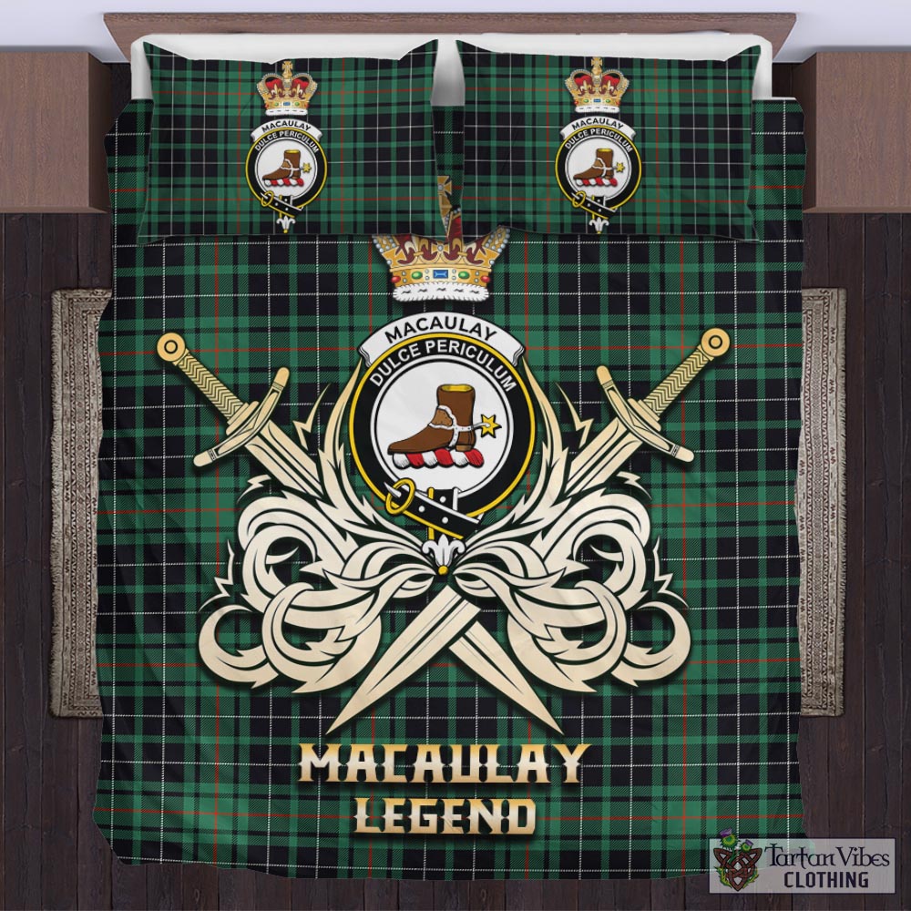 Tartan Vibes Clothing MacAulay Hunting Ancient Tartan Bedding Set with Clan Crest and the Golden Sword of Courageous Legacy