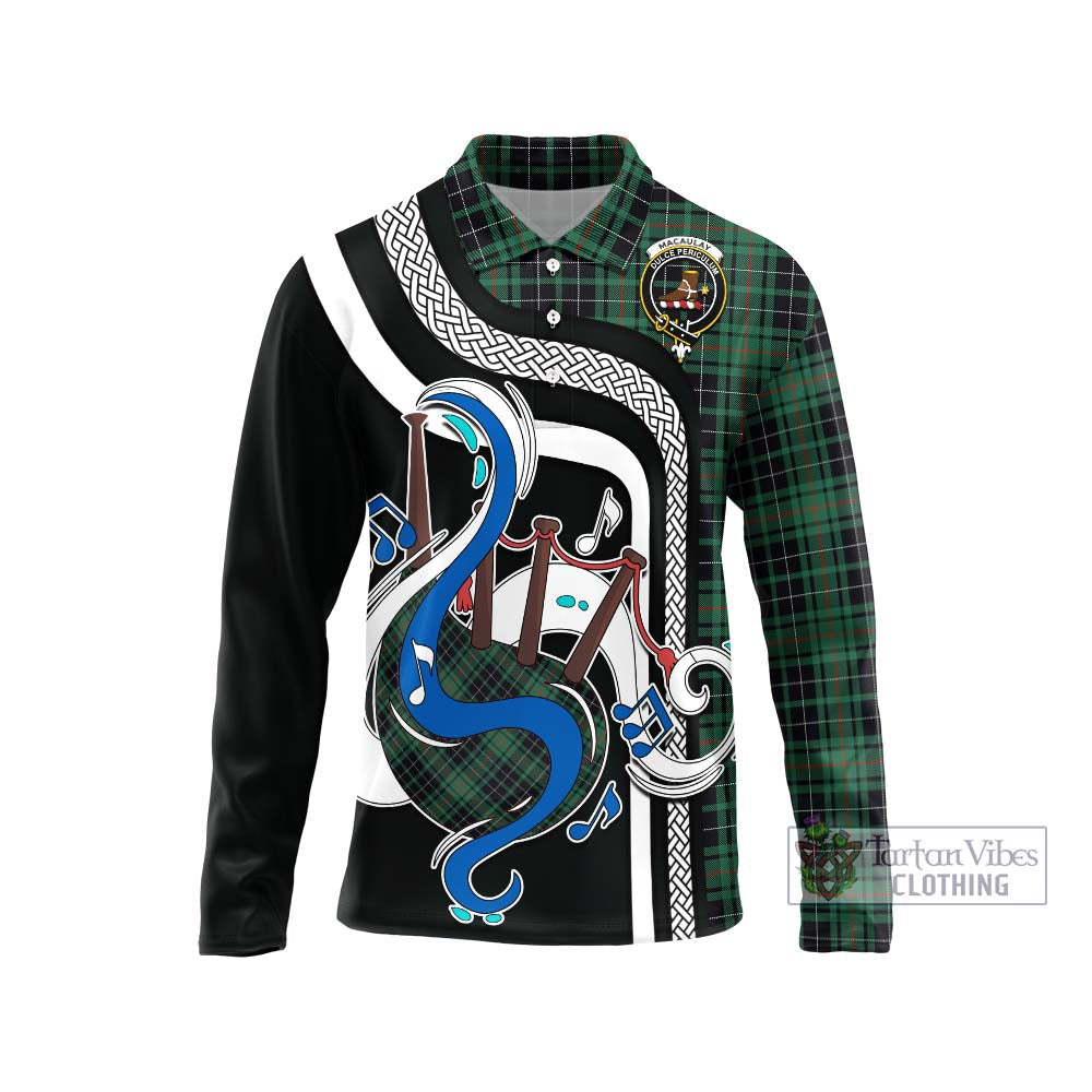 Tartan Vibes Clothing MacAulay Hunting Ancient Tartan Long Sleeve Polo Shirt with Epic Bagpipe Style