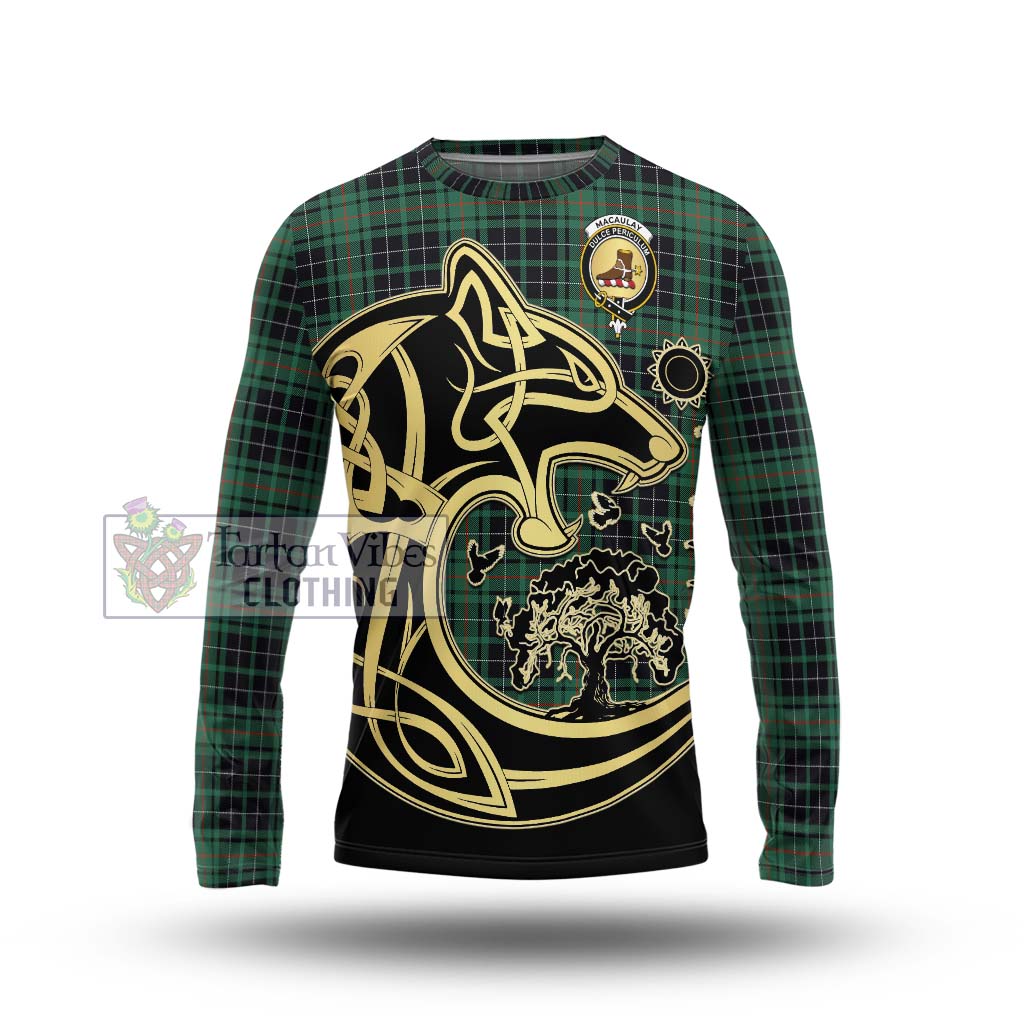 Tartan Vibes Clothing MacAulay Hunting Ancient Tartan Long Sleeve T-Shirt with Family Crest Celtic Wolf Style