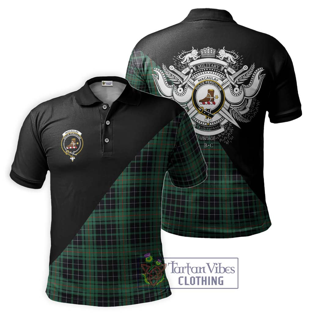 Tartan Vibes Clothing MacAulay Hunting Ancient Tartan Polo Shirt with Family Crest and Military Logo Style