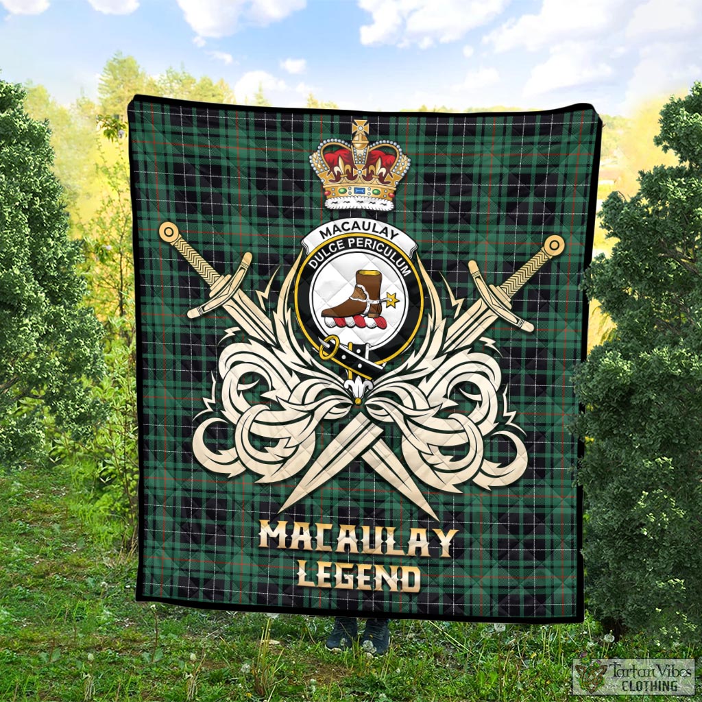 Tartan Vibes Clothing MacAulay Hunting Ancient Tartan Quilt with Clan Crest and the Golden Sword of Courageous Legacy