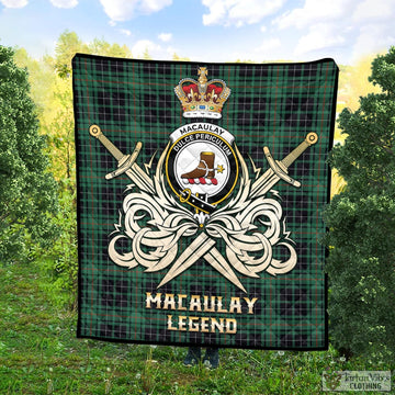 MacAulay Hunting Ancient Tartan Quilt with Clan Crest and the Golden Sword of Courageous Legacy