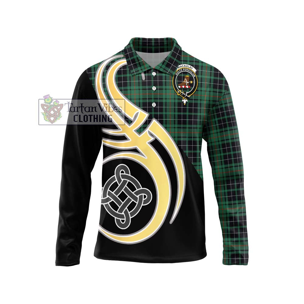 Tartan Vibes Clothing MacAulay Hunting Ancient Tartan Long Sleeve Polo Shirt with Family Crest and Celtic Symbol Style