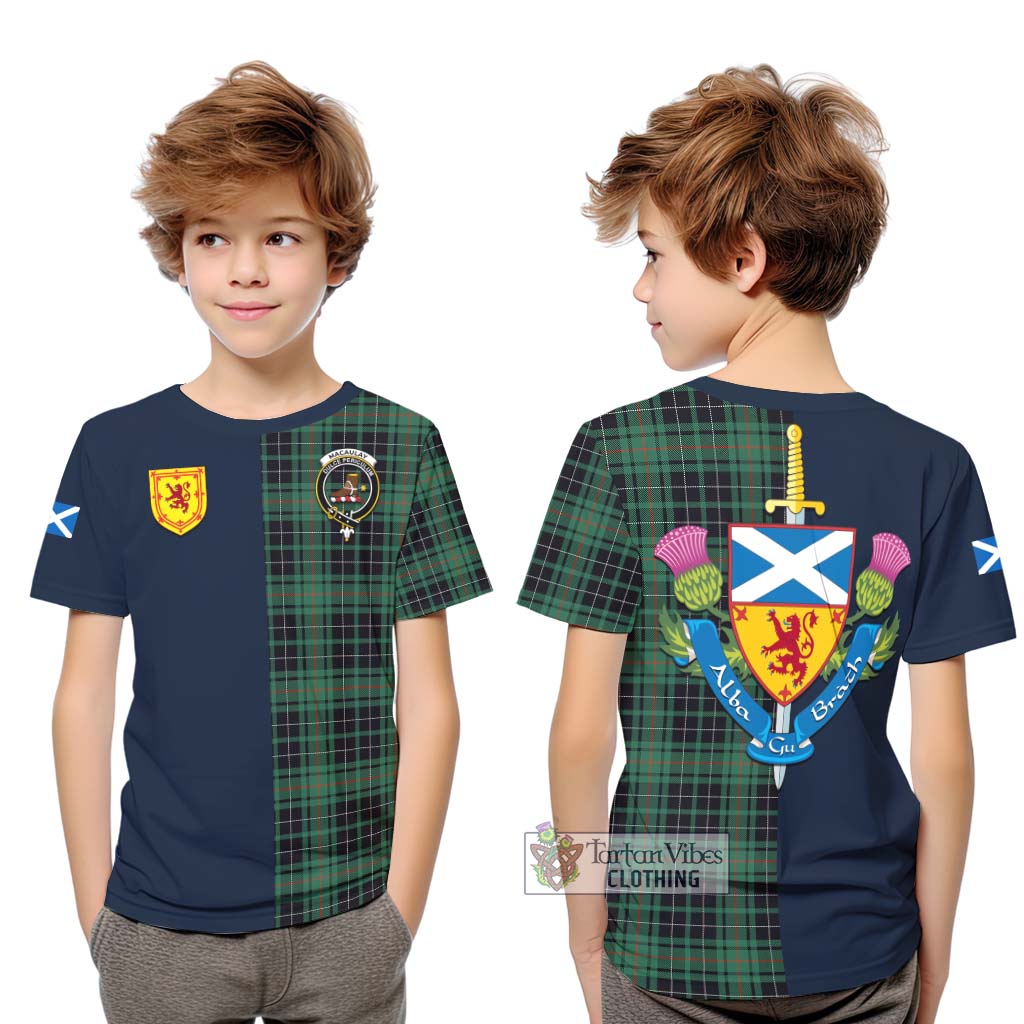 Tartan Vibes Clothing MacAulay Hunting Ancient Tartan Kid T-Shirt with Scottish Lion Royal Arm Half Style