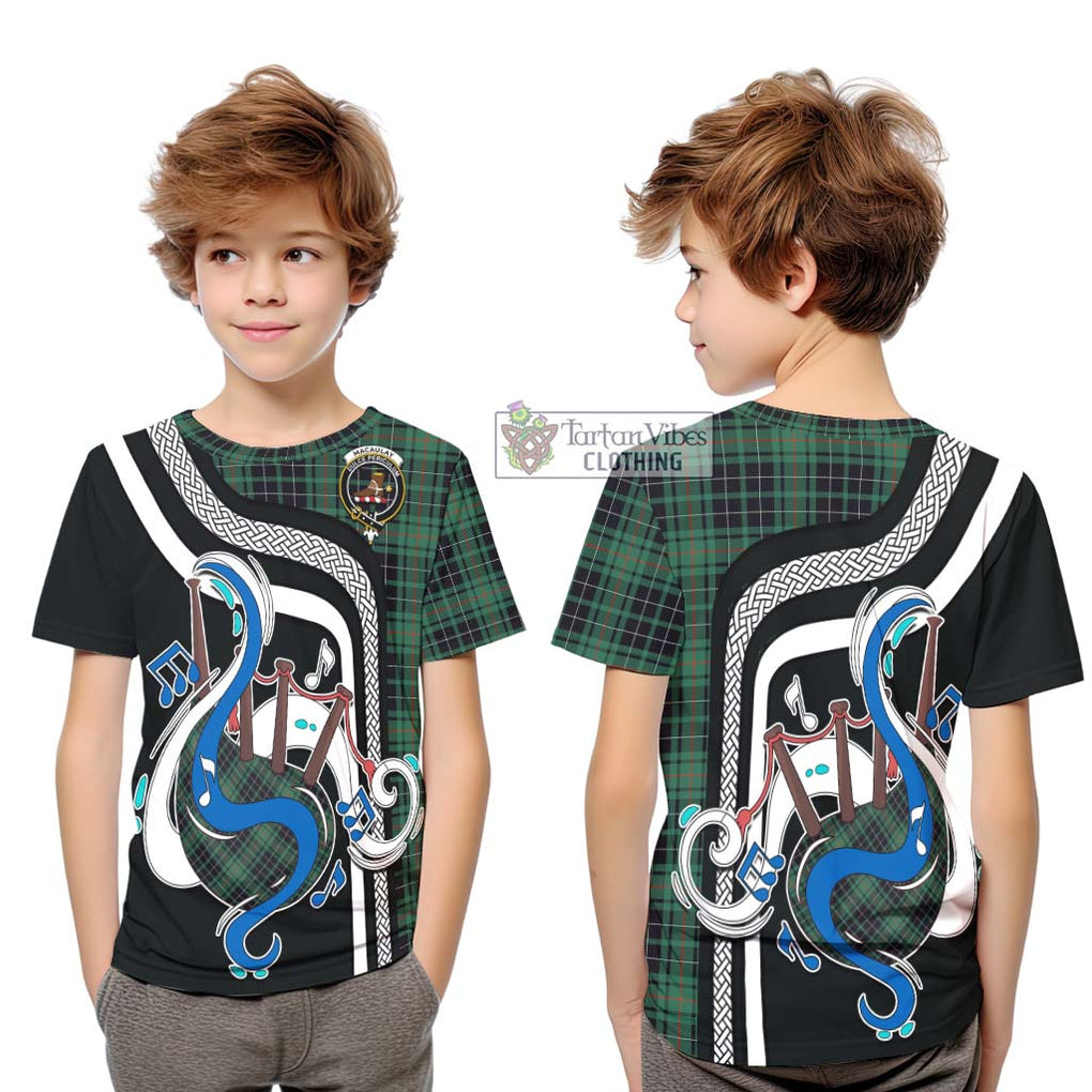 Tartan Vibes Clothing MacAulay Hunting Ancient Tartan Kid T-Shirt with Epic Bagpipe Style