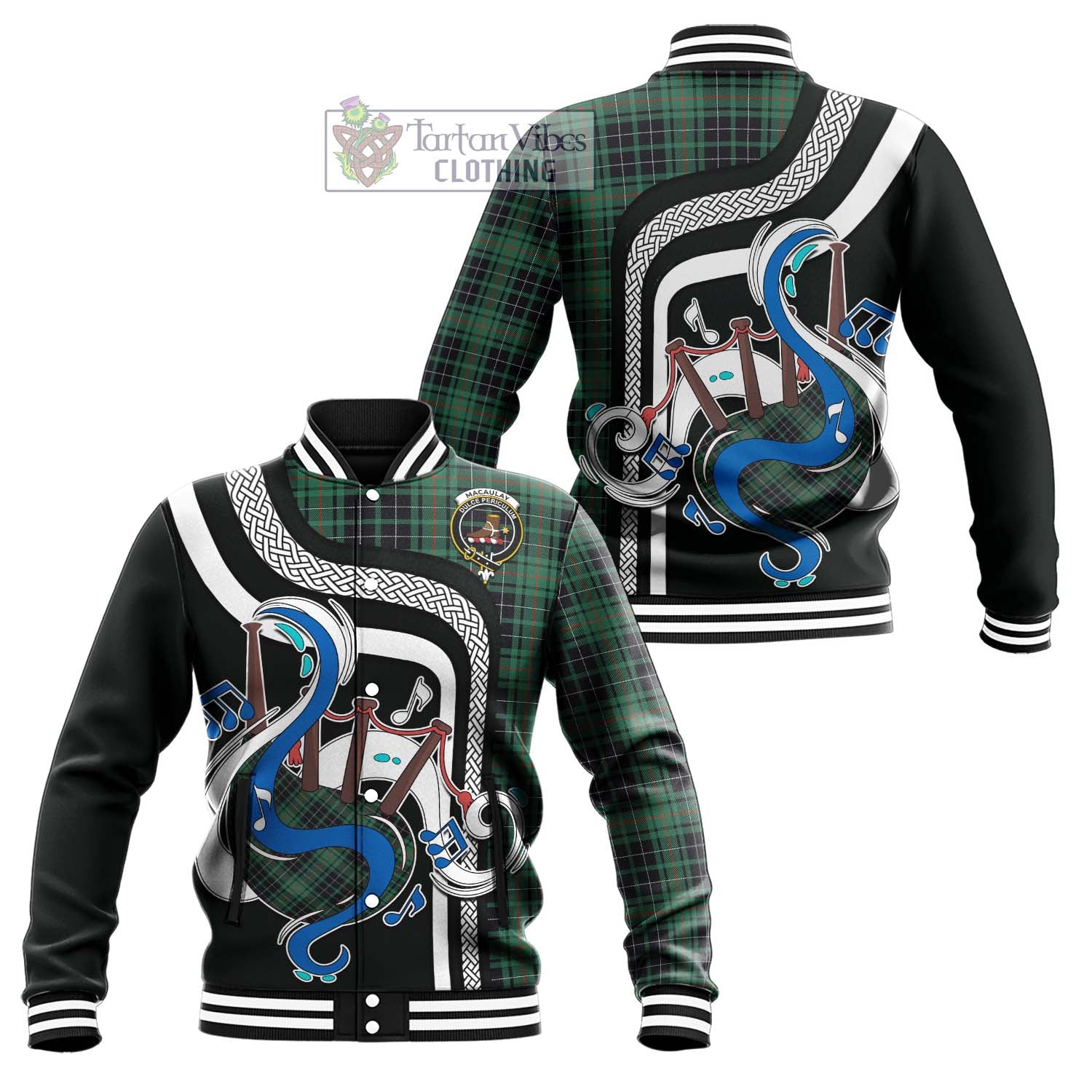 Tartan Vibes Clothing MacAulay Hunting Ancient Tartan Baseball Jacket with Epic Bagpipe Style