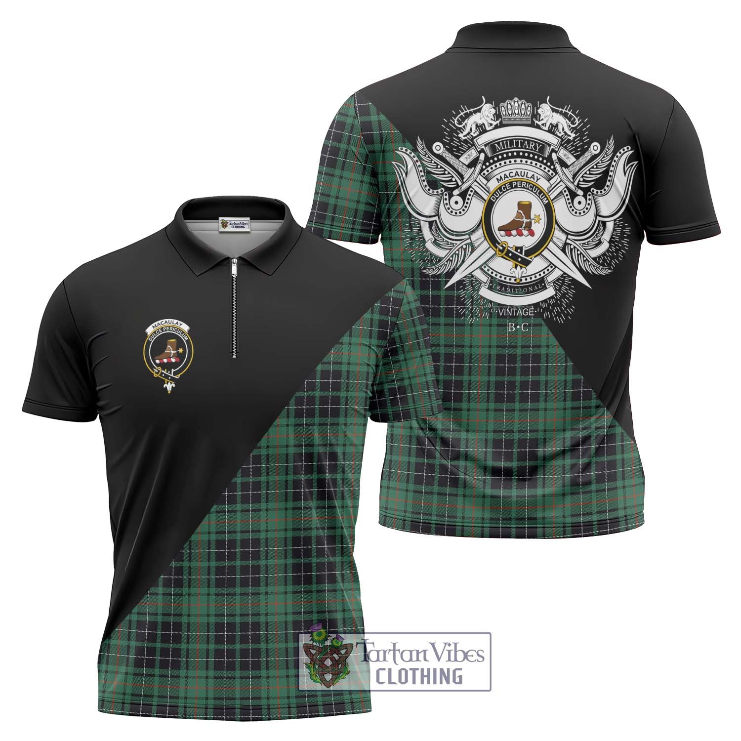 Tartan Vibes Clothing MacAulay Hunting Ancient Tartan Zipper Polo Shirt with Family Crest and Military Logo Style