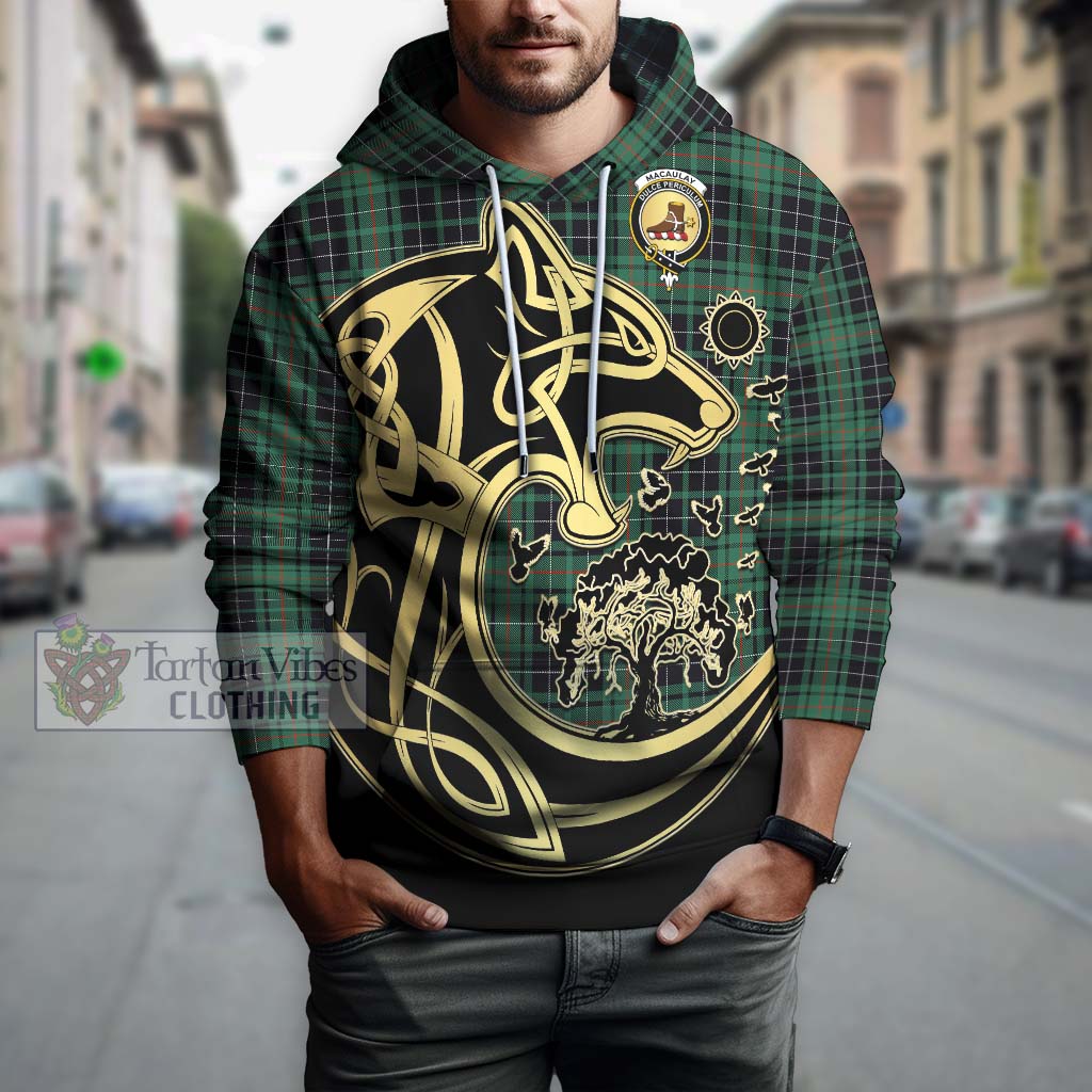 Tartan Vibes Clothing MacAulay Hunting Ancient Tartan Hoodie with Family Crest Celtic Wolf Style