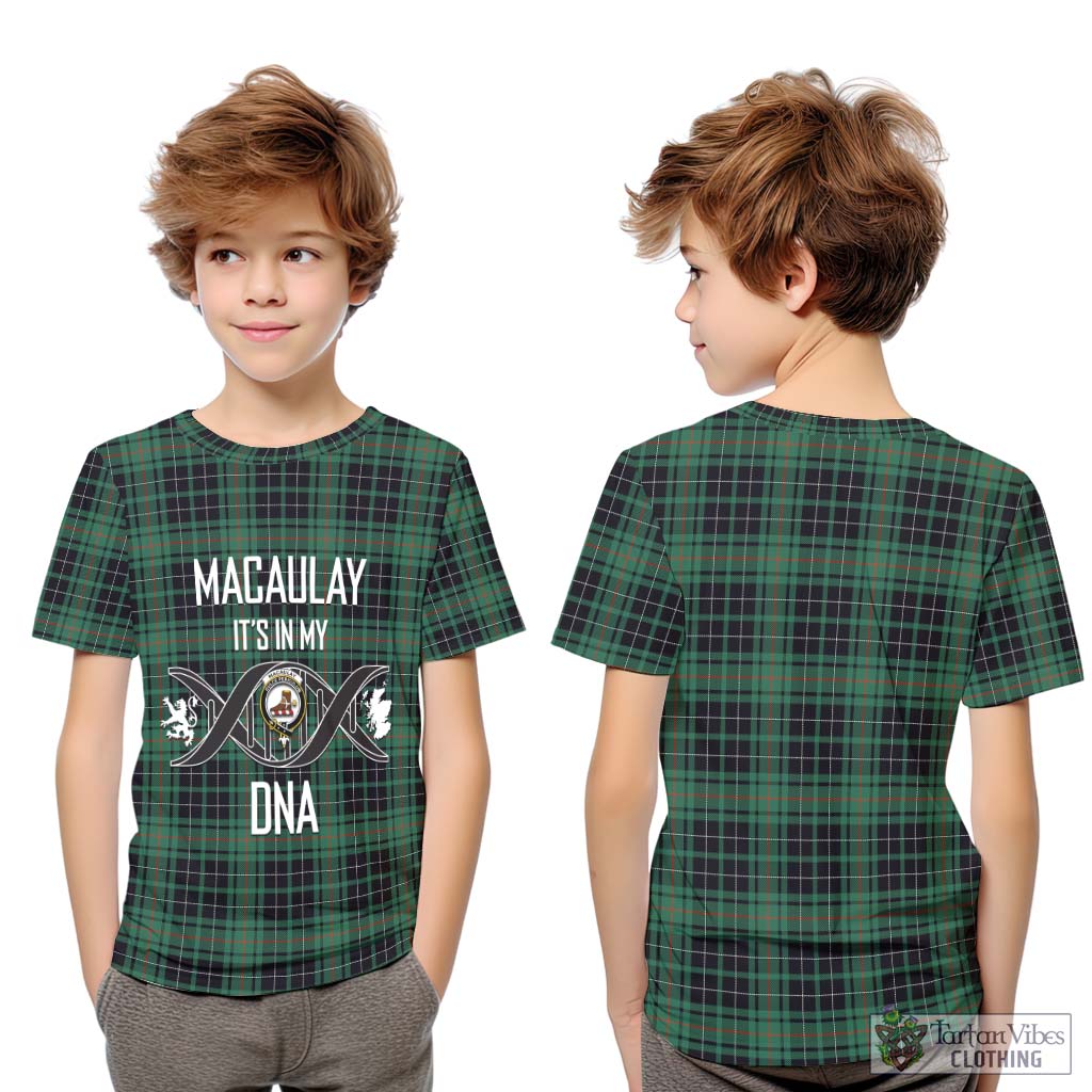 Tartan Vibes Clothing MacAulay Hunting Ancient Tartan Kid T-Shirt with Family Crest DNA In Me Style