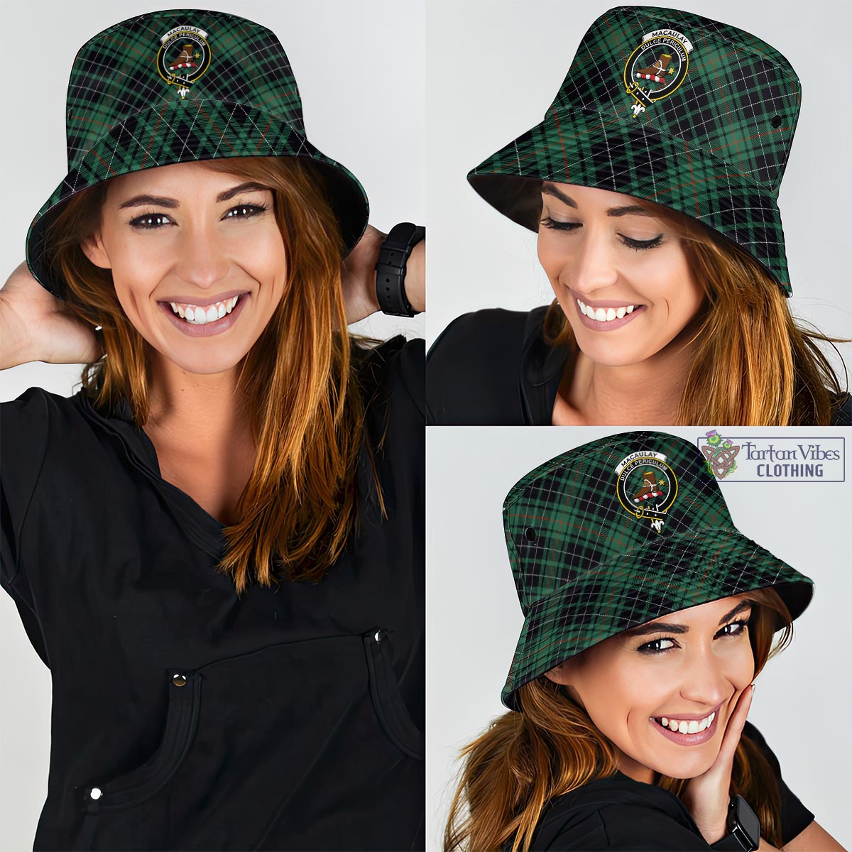 Tartan Vibes Clothing MacAulay Hunting Ancient Tartan Bucket Hat with Family Crest