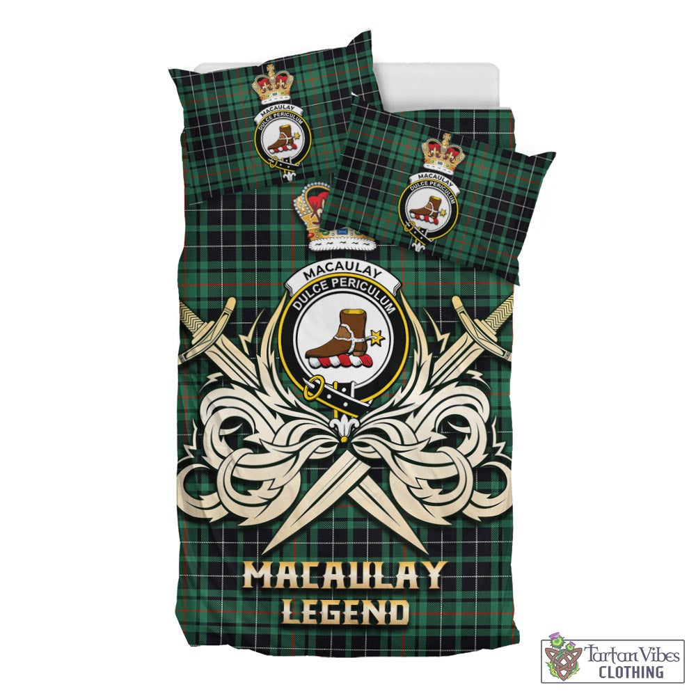 Tartan Vibes Clothing MacAulay Hunting Ancient Tartan Bedding Set with Clan Crest and the Golden Sword of Courageous Legacy