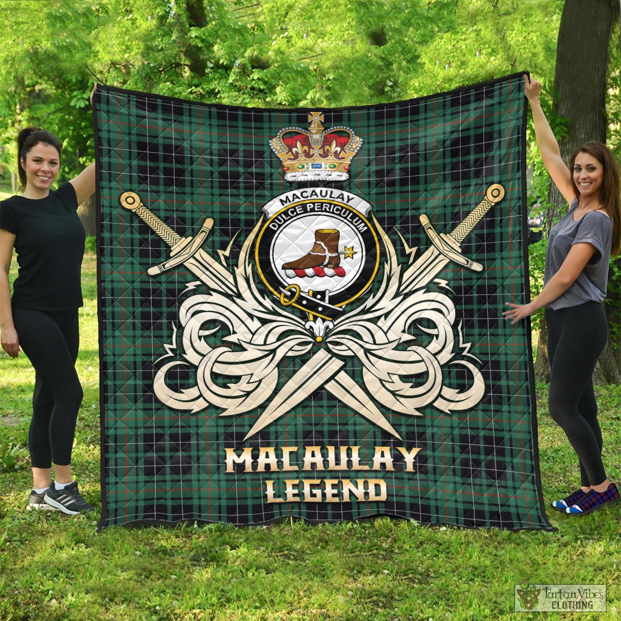 Tartan Vibes Clothing MacAulay Hunting Ancient Tartan Quilt with Clan Crest and the Golden Sword of Courageous Legacy