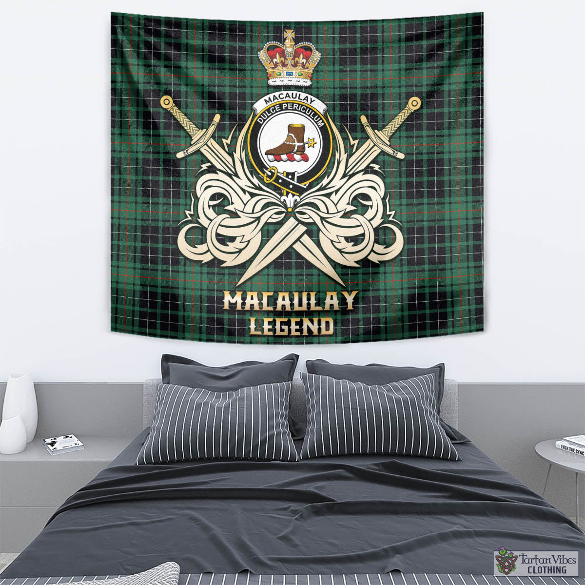 Tartan Vibes Clothing MacAulay Hunting Ancient Tartan Tapestry with Clan Crest and the Golden Sword of Courageous Legacy