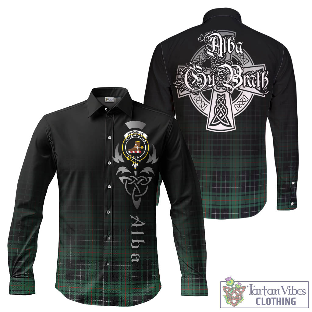 Tartan Vibes Clothing MacAulay Hunting Ancient Tartan Long Sleeve Button Up Featuring Alba Gu Brath Family Crest Celtic Inspired