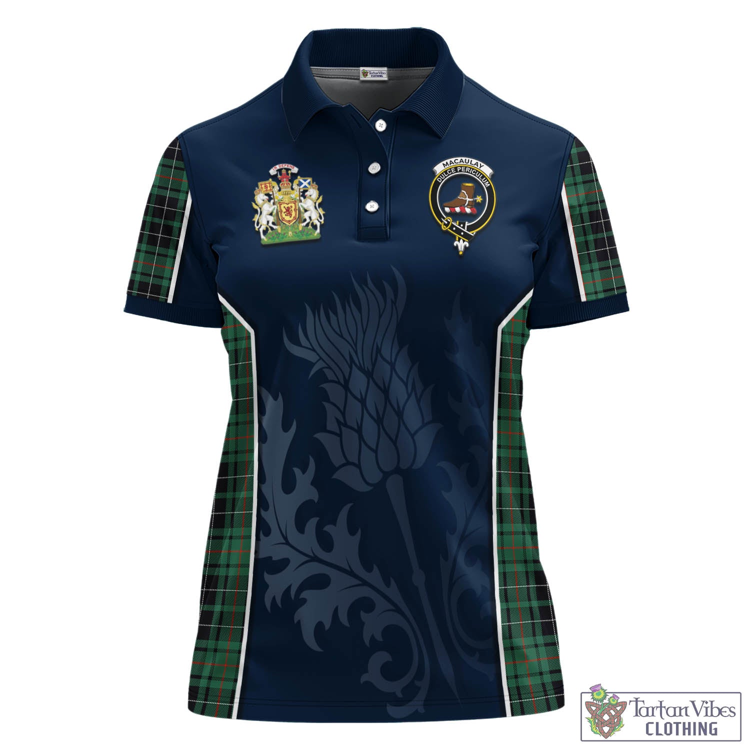 Tartan Vibes Clothing MacAulay Hunting Ancient Tartan Women's Polo Shirt with Family Crest and Scottish Thistle Vibes Sport Style