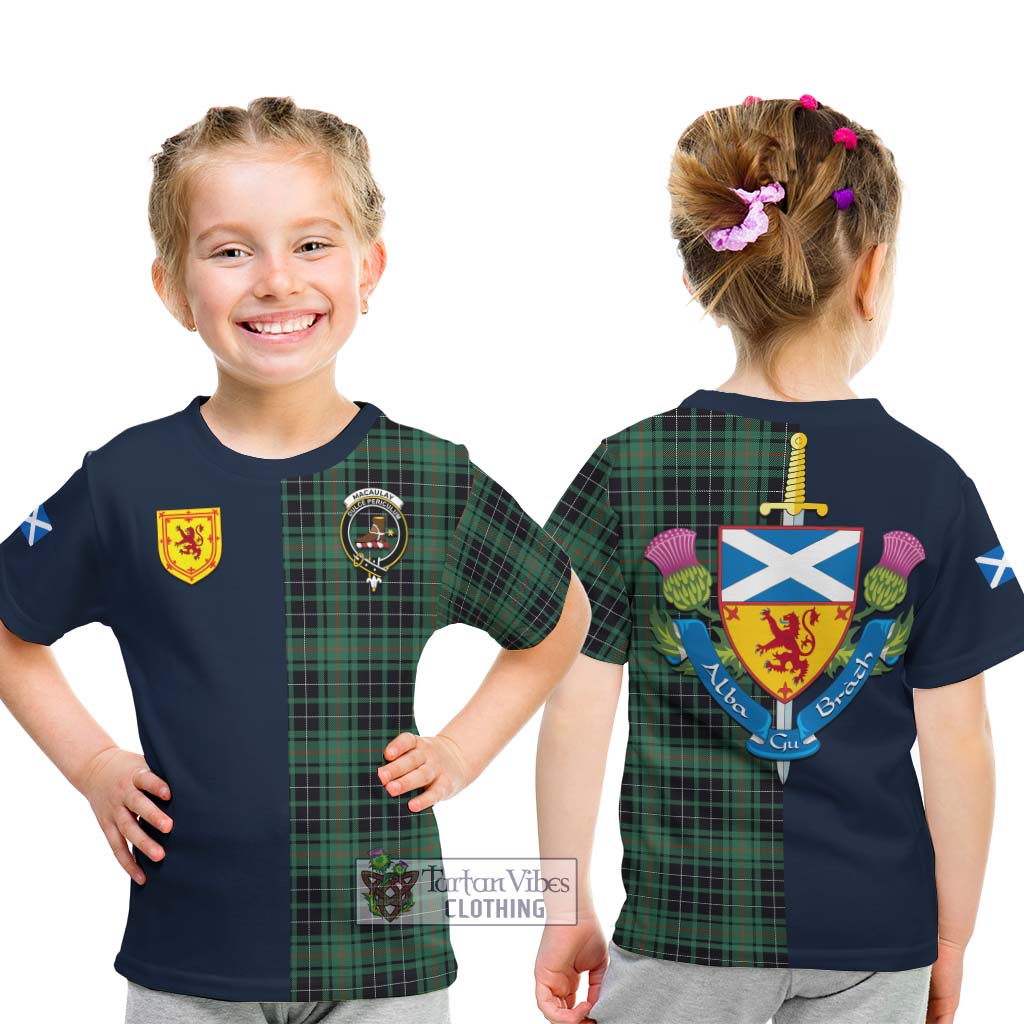 Tartan Vibes Clothing MacAulay Hunting Ancient Tartan Kid T-Shirt with Scottish Lion Royal Arm Half Style