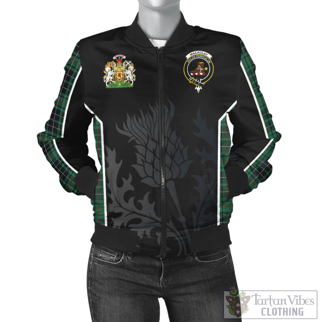 Tartan Vibes Clothing MacAulay Hunting Ancient Tartan Bomber Jacket with Family Crest and Scottish Thistle Vibes Sport Style