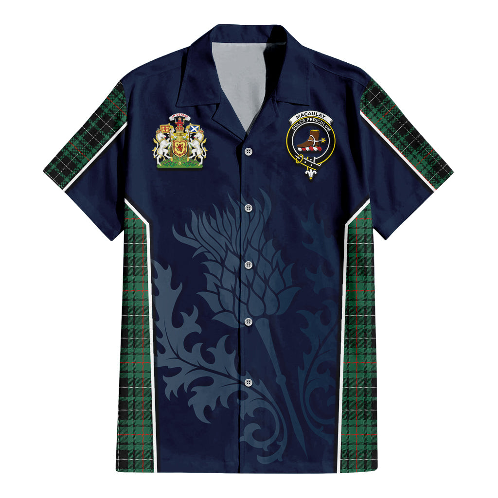 Tartan Vibes Clothing MacAulay Hunting Ancient Tartan Short Sleeve Button Up Shirt with Family Crest and Scottish Thistle Vibes Sport Style