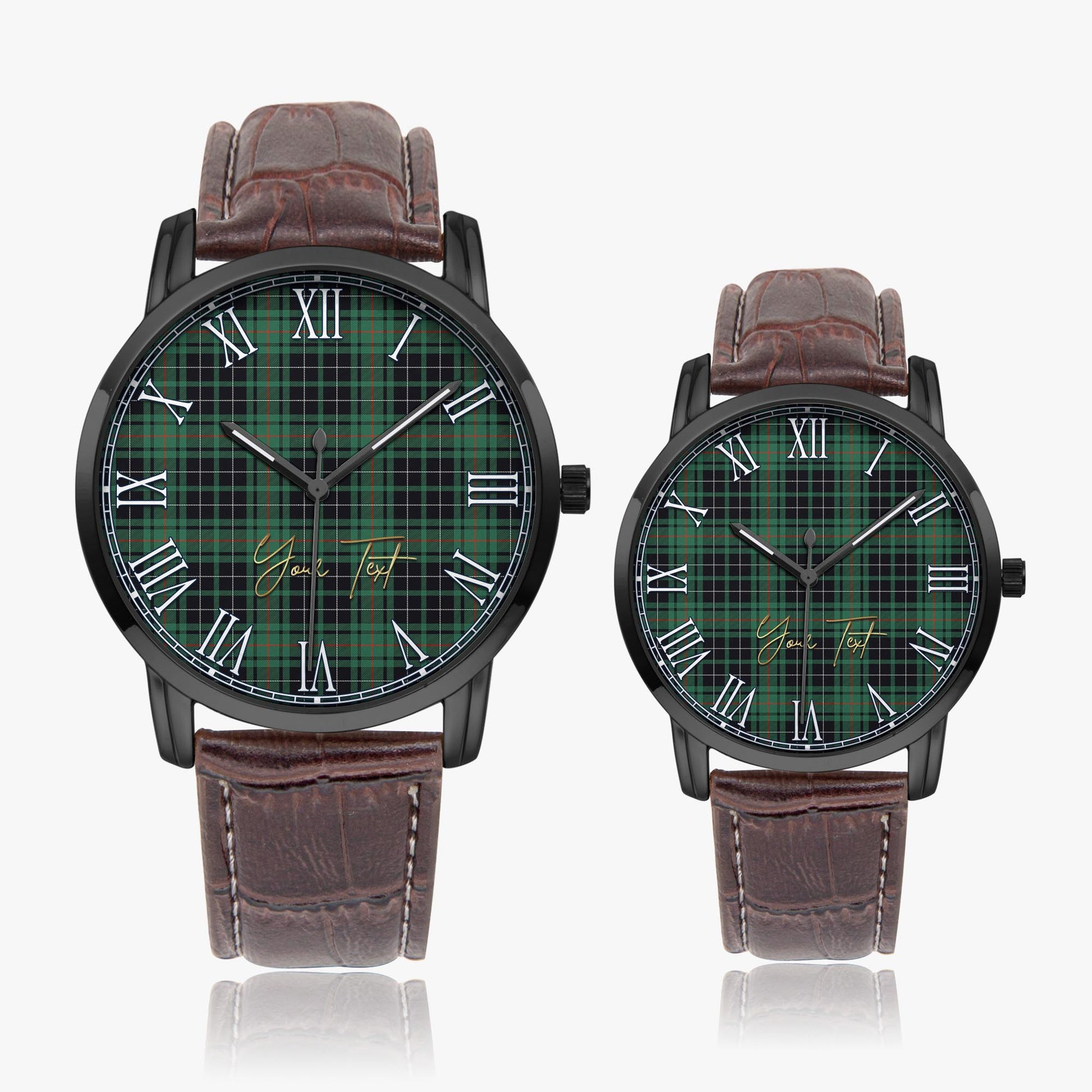 MacAulay Hunting Ancient Tartan Personalized Your Text Leather Trap Quartz Watch Wide Type Black Case With Brown Leather Strap - Tartanvibesclothing