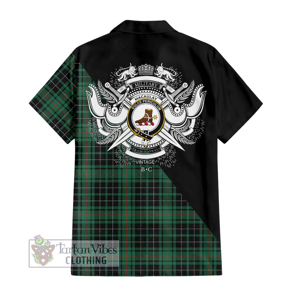 Tartan Vibes Clothing MacAulay Hunting Ancient Tartan Short Sleeve Button Shirt with Family Crest and Military Logo Style