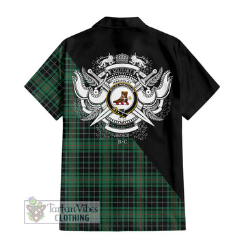 MacAulay Hunting Ancient Tartan Short Sleeve Button Shirt with Family Crest and Military Logo Style