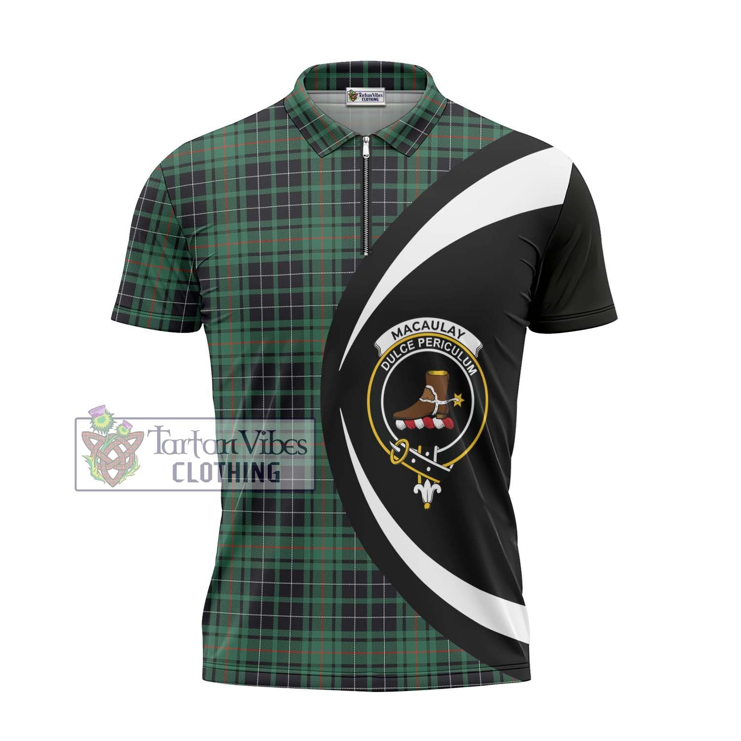 Tartan Vibes Clothing MacAulay Hunting Ancient Tartan Zipper Polo Shirt with Family Crest Circle Style