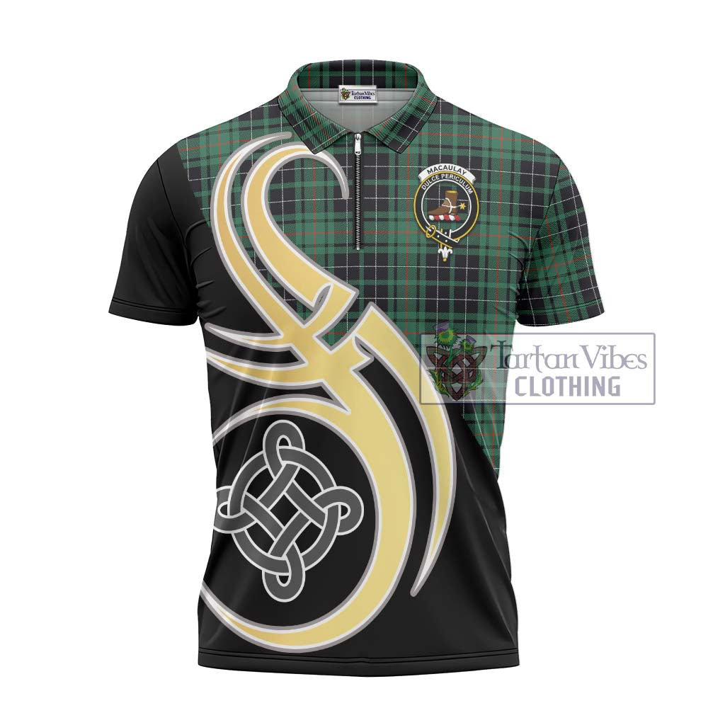 Tartan Vibes Clothing MacAulay Hunting Ancient Tartan Zipper Polo Shirt with Family Crest and Celtic Symbol Style