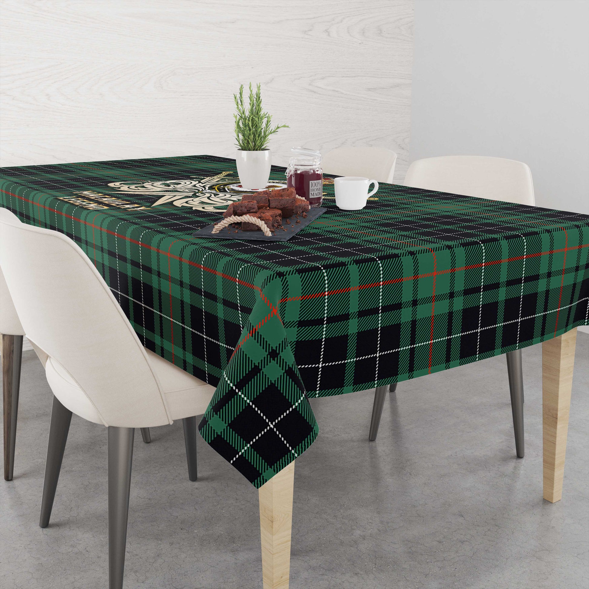 Tartan Vibes Clothing MacAulay Hunting Ancient Tartan Tablecloth with Clan Crest and the Golden Sword of Courageous Legacy