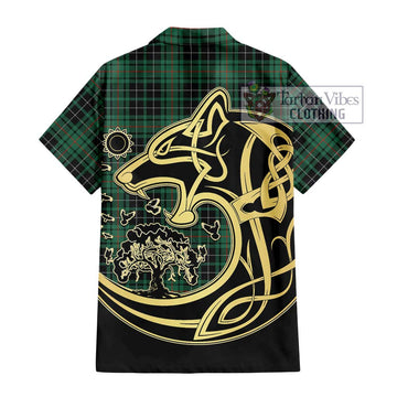 MacAulay Hunting Ancient Tartan Short Sleeve Button Shirt with Family Crest Celtic Wolf Style