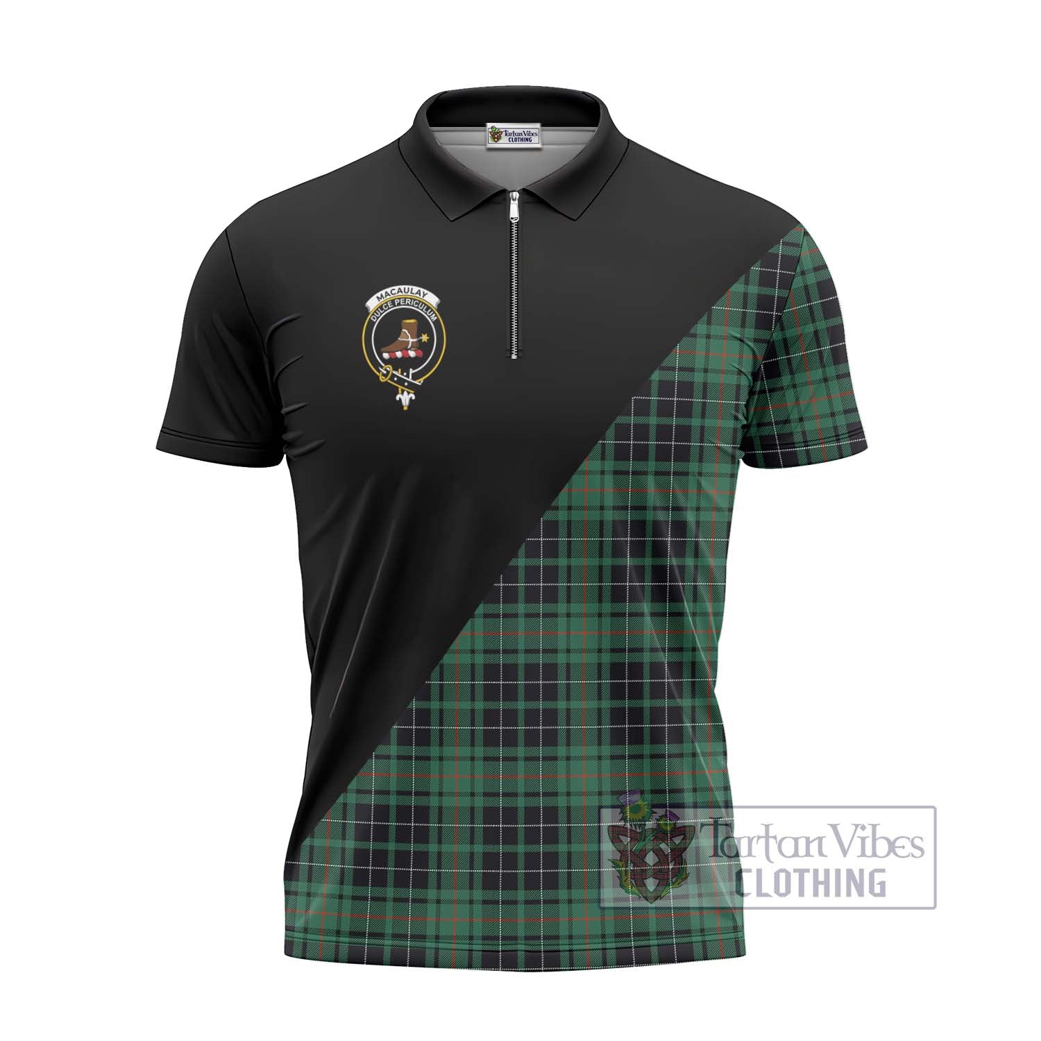 Tartan Vibes Clothing MacAulay Hunting Ancient Tartan Zipper Polo Shirt with Family Crest and Military Logo Style