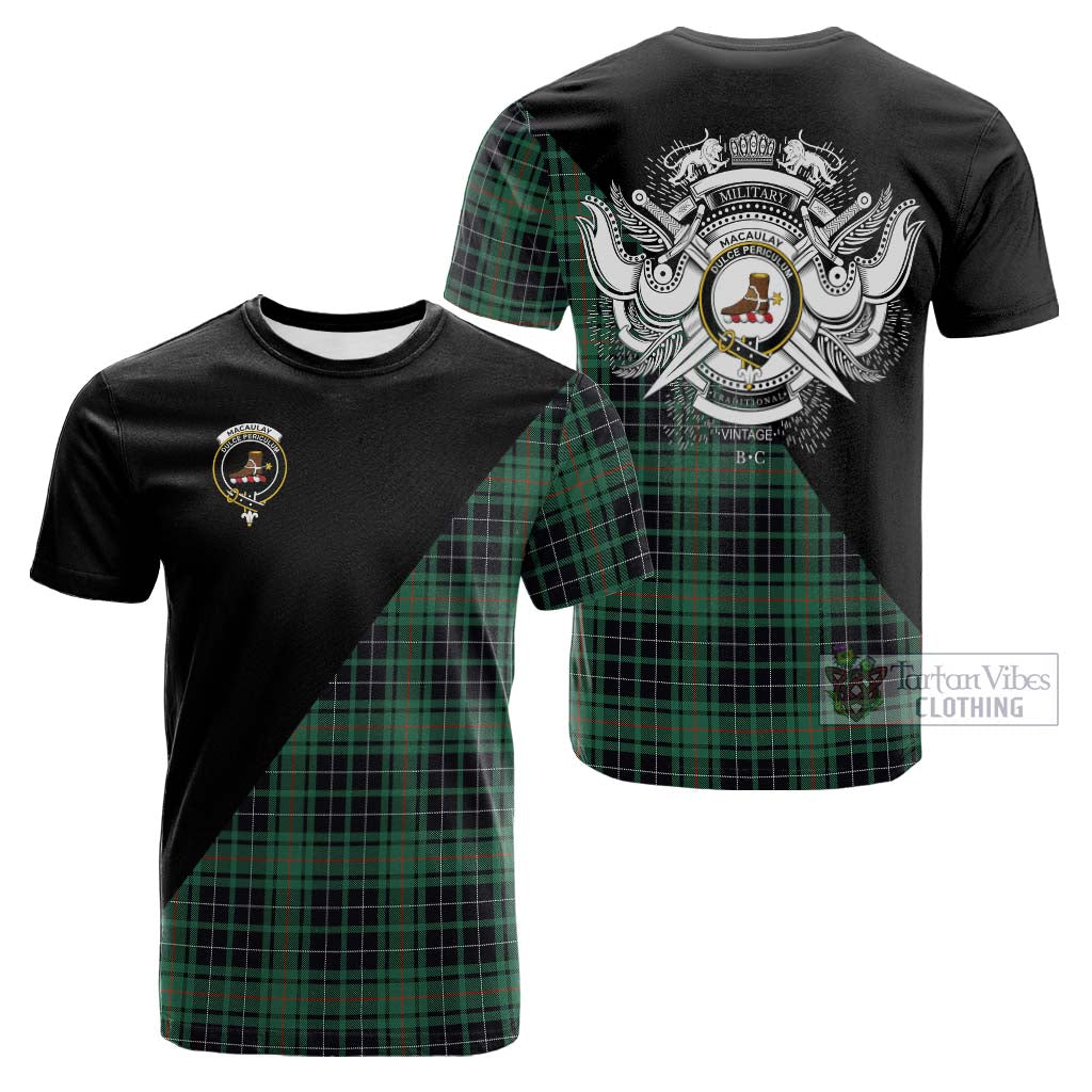 Tartan Vibes Clothing MacAulay Hunting Ancient Tartan Cotton T-shirt with Family Crest and Military Logo Style