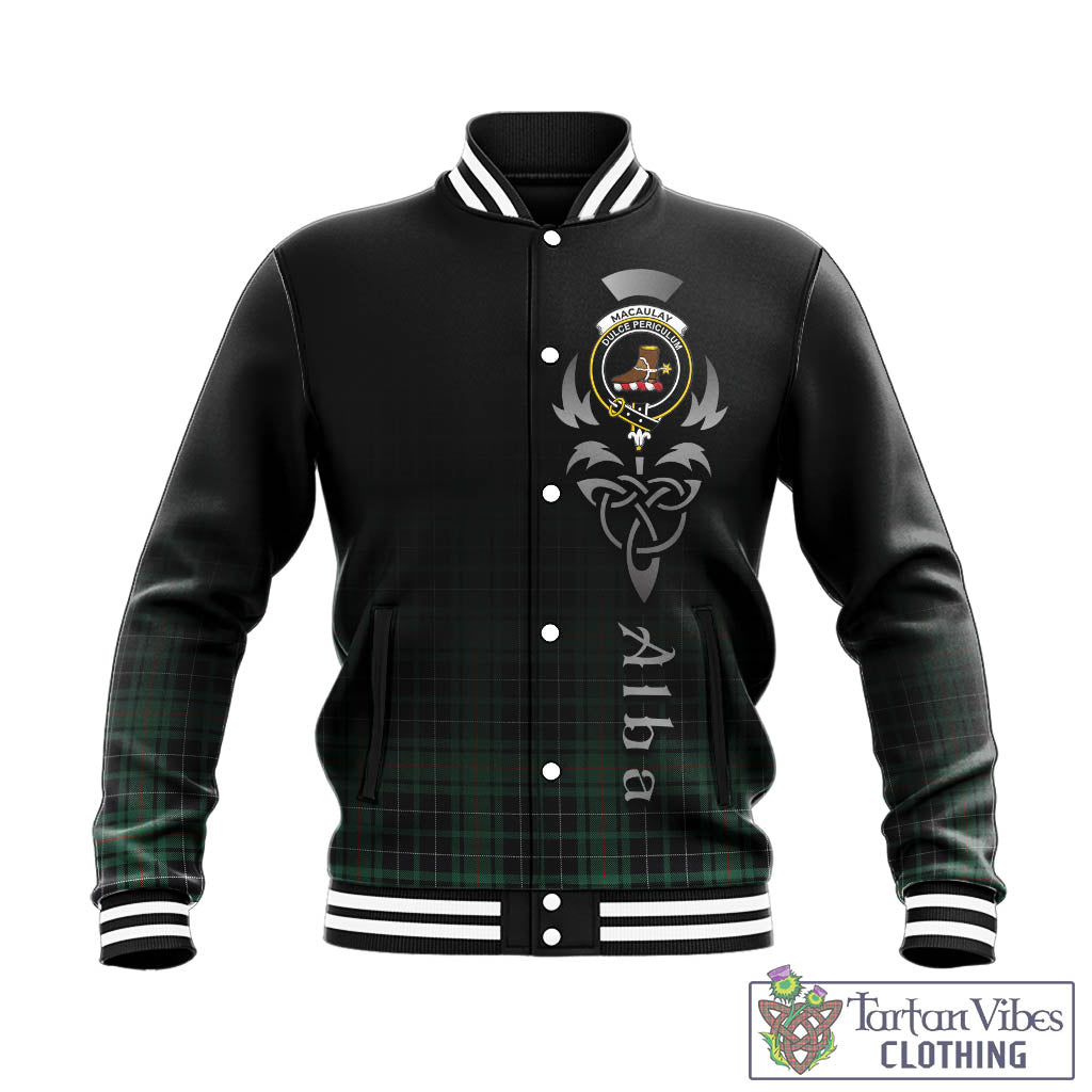 Tartan Vibes Clothing MacAulay Hunting Ancient Tartan Baseball Jacket Featuring Alba Gu Brath Family Crest Celtic Inspired